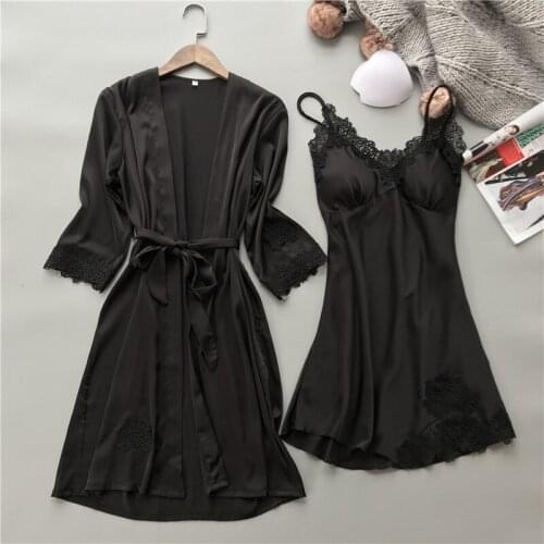 Spring Summer WomenS Silk Two-Piece Nightgown Homely Dress With Bosom Cushion Pajamas Long Sleeve Sexy Halter Belt Nightgown