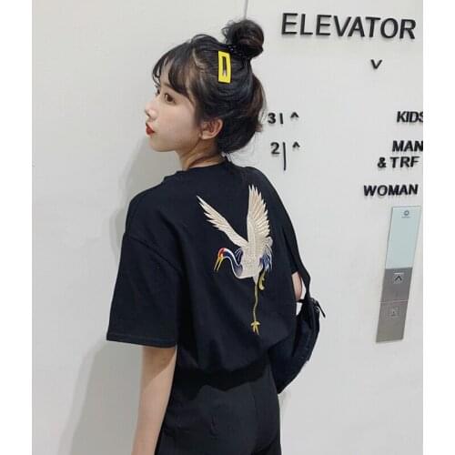 Womens T-shirts Tops Japanese Kawaii Ladies Ulzzang Loose Crane Vintage T-shirt Female Korean Harajuku Clothes For Women