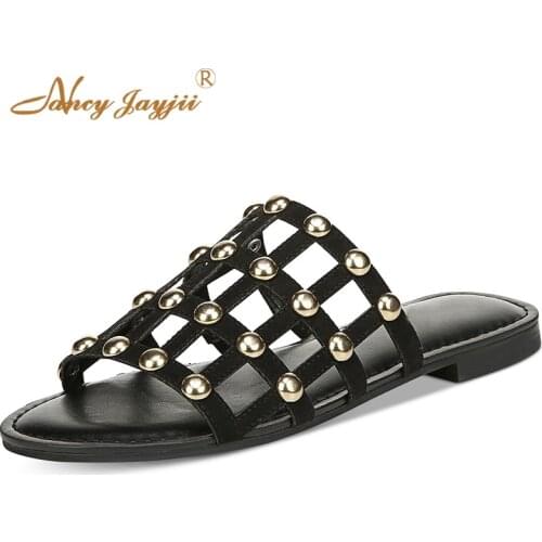 Summer Holidays Ladies Beach Shoes Footwear Slip On Flat Sandals Woman Metallic Stud Large Size 32 36 Black Beige Fashion Casual