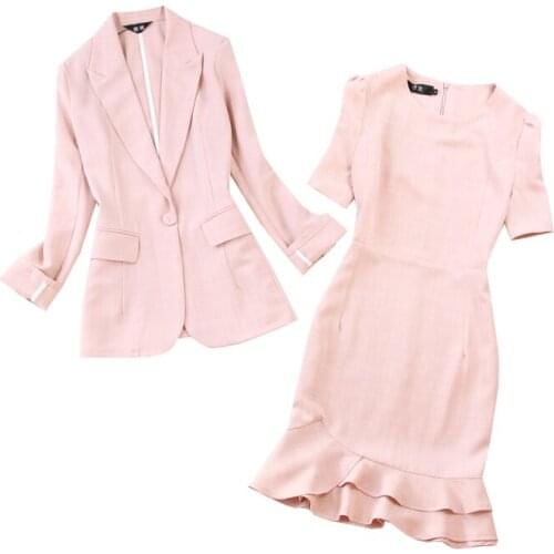 Womens Spring and Summer High Quality New Large Size Long Sleeve Mid-length Suit + Lotus Leaf Dress Light Pink Thin Set