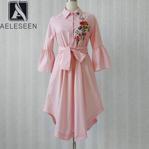 AELESEEN Runway Fashion Women Pink 100% Cotton Dress 2021 Flare Sleeve Beading Flower Embroidery Belt Irregular Party Dress