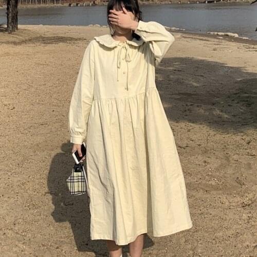 Fashion Autumn Lapel Neck Long Shirt Dress Women Long Sleeve Buttons Cotton Sundress Casual Loose Work OL Vestid