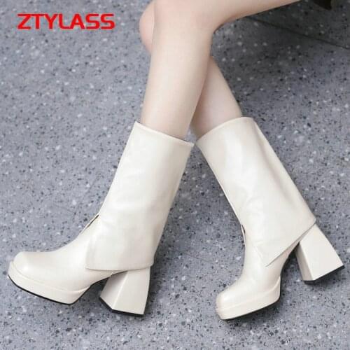2021 Women Ankle Boots Platform Thick High Heel Ladies Slip On Dress Boots Faux Leather Square Toe Womens Boots Black Beige