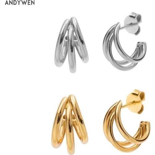 ANDYWEN 925 Sterling Silver 19mm Three Line Circle Cross Hoop Gold Women Luxury Loop Circle Big Thickness Rock Punk Jewelry