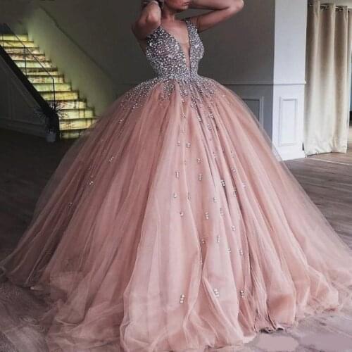 Champagne Tulle Ball Gown Quinceanera Dress 2019 Elegant Heavy Beaded Crystal Deep V Neck Sweet 16 Dresses Prom Gowns