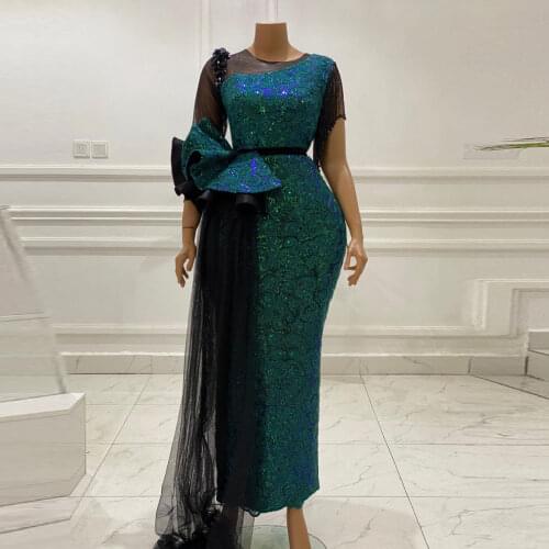 Shiny Lace One Shoulder Evening Dresses With Ruffles Peplum Sheer Neckline Mermaid Prom Dress Tassels Aso Ebi Women Gowns