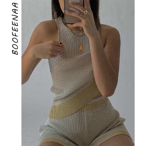 BOOFEENAA Comfy Knitted Lounge Wear Two Piece Set Women Summer Outfits Tank Top and Shorts Matching Sets 2021 C34-CF24