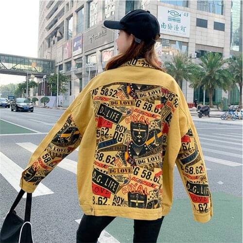 Jeans Jacket Women Streetwear Spring Autumn Korean Letter Print Fashion Pocket Long Sleeve Loose Denim Coat Ladies Tide H1429