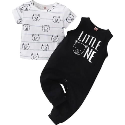 Newborn Baby Boys Clothing Set for Summer Bear Print Short Sleeve Top And Jumpsuits 2Pcs Sets Outfits Toddler Boys Clothes D30