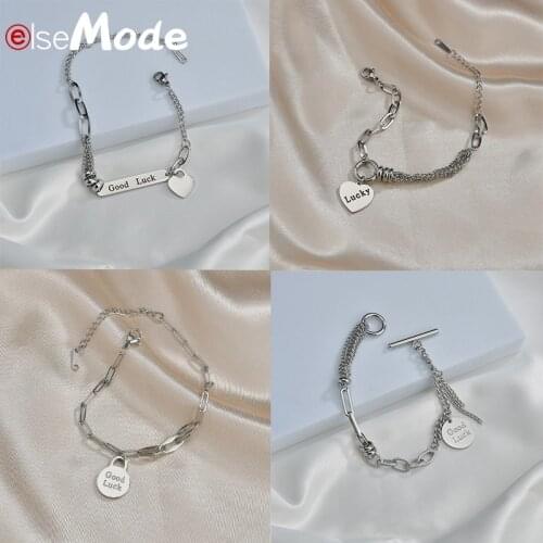 ELSEMODE Fashion Lucky Bracelet Heart Round Pendant Personalized Engrave Name Stainless Steel Bangel Women Men Jewellery Gift