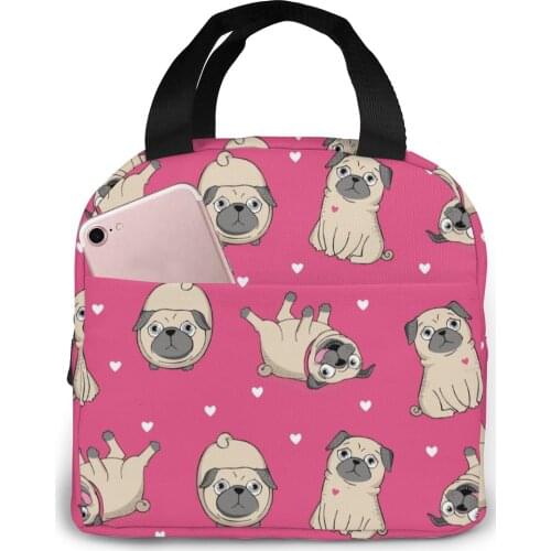 Cartoon Pugs With White Hearts Lunch Food Box Bag Insulated Thermal Food Picnic Lunch Bag for Women kids Men Cooler Tote Bag
