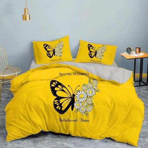 Butterfly Printed Solid Yellow Duvet Cover Queen 220x240 260x240 Home Bedding 2/3pcs High Quality Beautiful Pattern with Star
