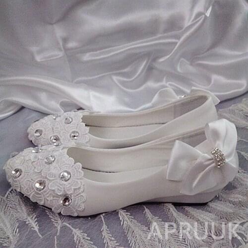 3CM low wedges heel lace flower silver crystal satin bow wedding shoes bride ladies party proms dress ceremony white lace shoes