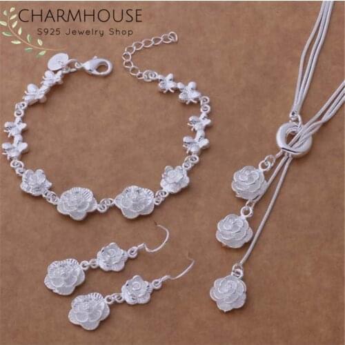 Charmhouse Silver 925 Jewelry Sets For Women FlowerPendant Necklace Bracelet Long Earring 3 pcs Costume Jewelery Set Bijoux