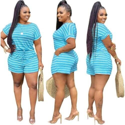 Echoine Plus Size Fashion Women Summer Striped Casual Round Neck One-piece Over-sized Solid Bar Rompers Set Drop Shipping