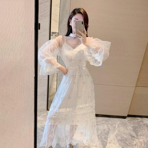 High Quality Luxury Design Runway Dress 2021 New Fashion Summer Womens Mesh Embroidery Sequins Sweet Princess Dresses