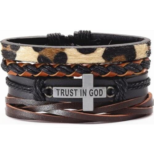 Trust In God Jesus WWJD Khaki Faith Punk 4 pcs/set Vintage Black Beads Bible Leather Bracelets Men Bracelets Women Homme Jewelry