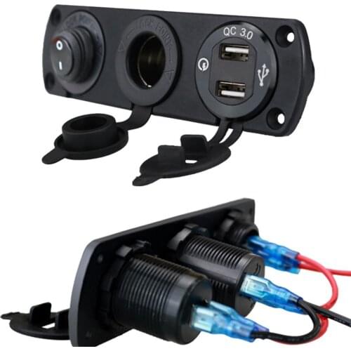 Automobile RV Modified Dual USB Metal Car Charger + Power Socket Waterproof Switch Combination QC3.0 Fast Charge 12-24V