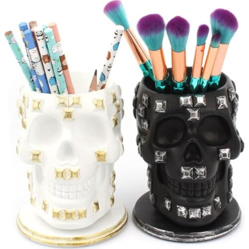Sequins Skull Ornament Skeleton Pen Holder Home Office Desktop Pencil Organizer Stationery Makeup Tools Storage