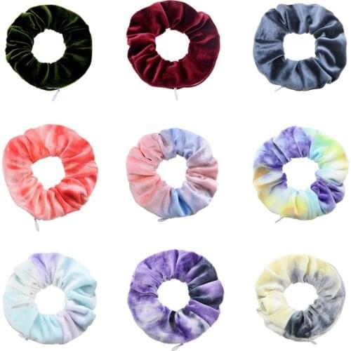 Tie Dyed Velvet Fabric Girls Ponytail Holder Women Elastic Hair Ties Zipper Scrunchies Hairband Headwear Accessories 5pcs