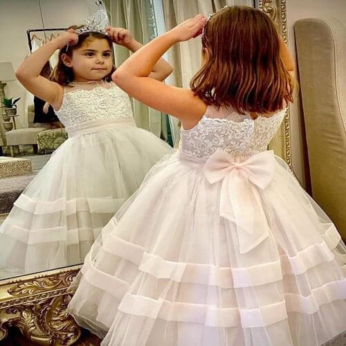 Lovely Baby Flower Girls' Dresses with Bow Zipper Back Lace Tulle Princess Communion Dresses A Line Birthday Party Gowns