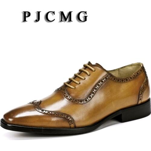 PJCMG Fashion Men Oxford Black/Brown Lace-Up Pointed Toe Solid Office Genuine Leather Carved Dress Size 38-46 Wedding Male Shoes