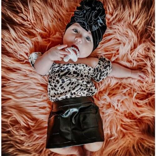 Fashion 2Pcs Toddler Girls Summer Outfits, Off Shoulder Leopard Print Bodysuit Tops+ Leather Skirt Set 0-18Months
