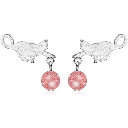 New Fashion Sweet Cute Cat Animal Strawberry Quartz 925 Sterling Silver Lady Stud Earrings Original Jewelry For Women No Fade