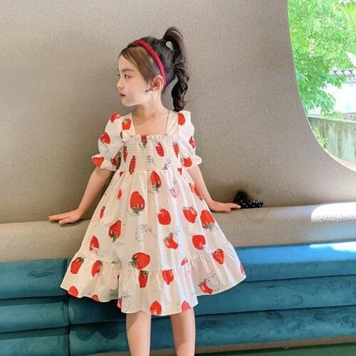2-7 Years Girls Dress 2021 Summer New Fashion Strawberry Printing Stretch Bust Short Sleeve Princess Dress Casual Child Clothing