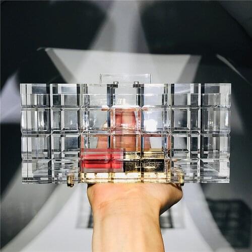 Clear Plaid Acrylic Evening Bags Women Luxury Transparent Thick Crystal Box Handbags Ladies Party Dinner Clutch And Purses New