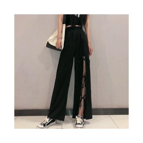 Slit High Waist Slim-fit Wide-leg Pants Womens Black Elastic Waist Casual Versatile Thin Long Pants Ladies Plus Size S-4XL