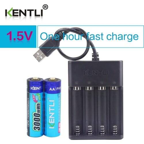 KENTLI 2pcs AA 1.5V 3000mWh lithium li-ion rechargeable batteries battery + 4 slots polymer li-ion battery charger