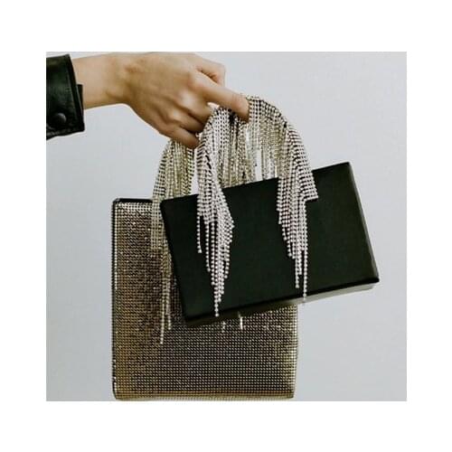 Women crystals diamond tassel handle tote handbag genuine leather cowskin party black chain shoulder crossbody messenger bag