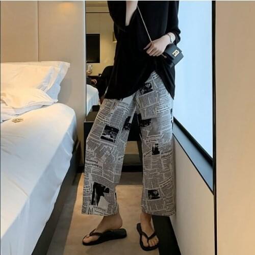 WomenS Loose Wide-Leg Pants Fashion Newspaper Printed Trousers Korean Streetwear Oversized Casual Pants Summer WomenS Clothing