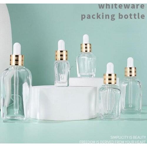 100pcs Transparent Clear 20ml Essential Oil Square Dropper Bottle 10ml 30ml 50ml Glass Serum Bottle with Gold Cap for Cosmetic