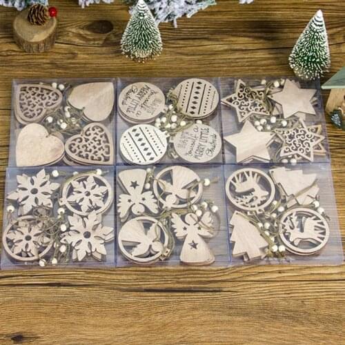 12PCS Happy New Year Wooden love heart angel snowflake Christmas Pendants Craft Christmas Tree Decoration For Home DIY