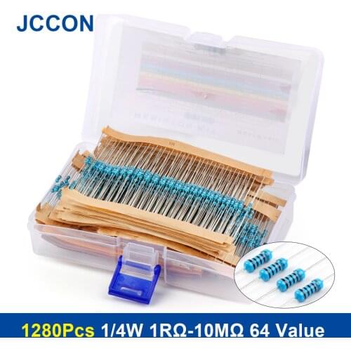 1280Pcs 1/4W 1RΩ-10MΩ 5% 64 Value Metal Film Resistor Rang Carbon Film Metal Resistors Assortment Kit Set Resistor