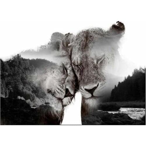 5D Diy Full Square Round Nature Art Handwork Puzzle Two Lions Cuddling Diamond Painting Mosaic Cross Stitch Embroidery FC634