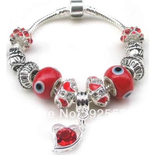 Free shipping 2013 hot sell silver plated snake chain silver plated core red eye glass beads antique charms fashion bracelet