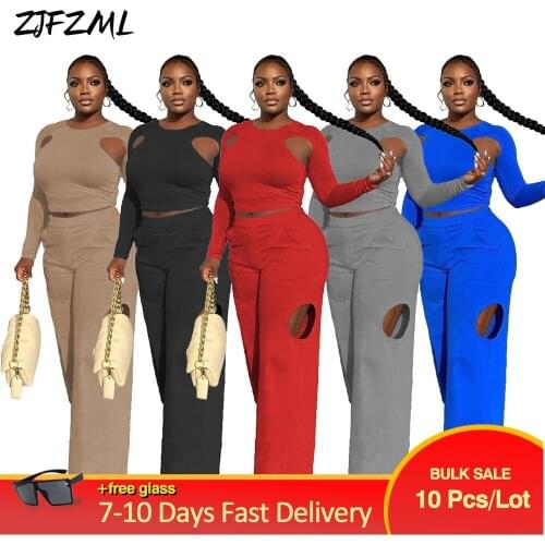 Bulk Items Wholesale Lots Sport Two Piece Pant Suits Women Hollow Out Long Sleeve Crop Tops Loose Wide Leg Pant Tracksuit New