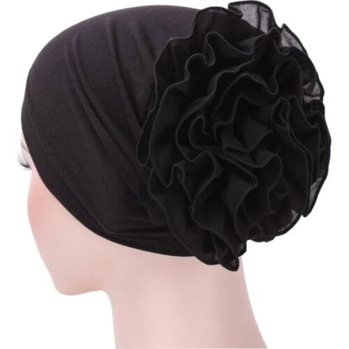Elegant Turban Cap Women Flower Muslim Ruffle Cancer Chemo Hat Beanie Scarf Head Wrap Cap Big Floral Headscarf Chiffon Hijab