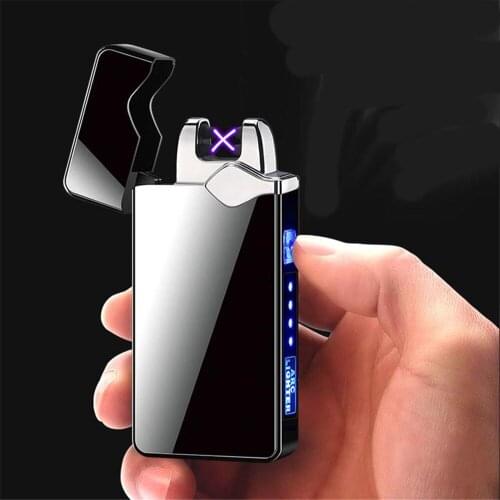 USB Electronic Lighter LED Power Display Double Arc Rechargeable Windproof Lighter Ultra Thin Metal Smoking Supplies Mens Gifts
