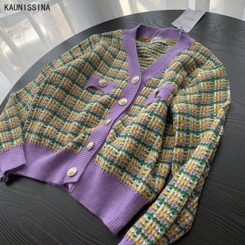 Women Short Knitted Cardigan Graceful V-neck Stitching Plaid Sweater Cropped Jacket Long Sleeve Single Breasted Retro Cardigans