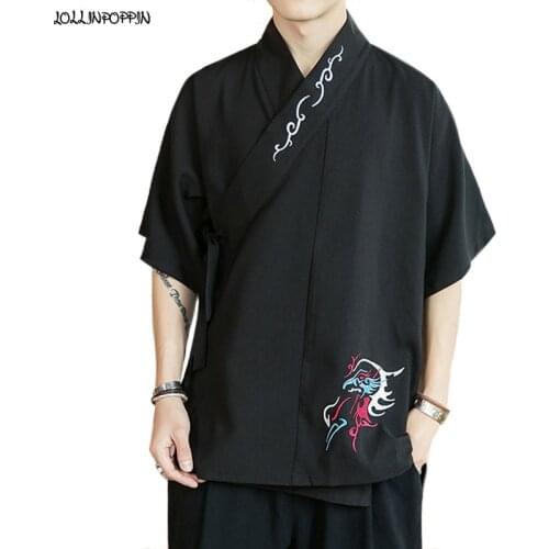 Chinese Traditional Style Men Side Tie Casual Shirt Mandarin Collar Mens Short Sleeve Hanfu Embroidery Patterns Black /White