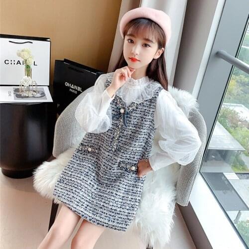 Girls Lace Collar Set 2021 Spring Autumn Princess Clothing Pullover + Vest Dresses 2 Pcs/Set