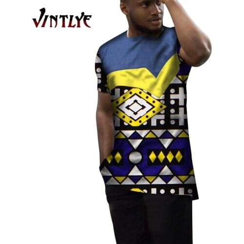 Hip Hop African Boubou Summer African Clothes for Men Printed Dashiki Shirt Patchwork Denim Fashion Nigerian Men Outfit WYN1228