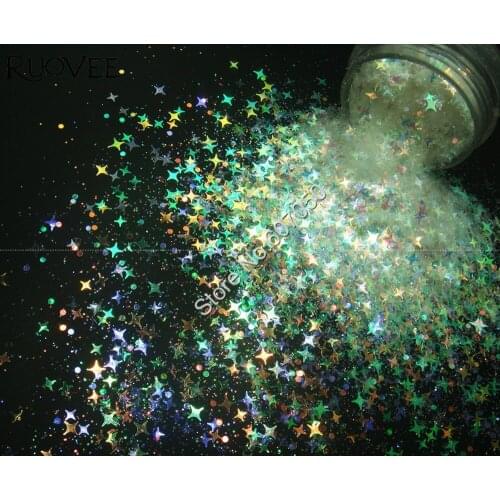 Mix Four Angle Star Iridescent White Glitter Powder Shape with Colorful Light for Nail Art Makeup Facepainting Craft Decoration