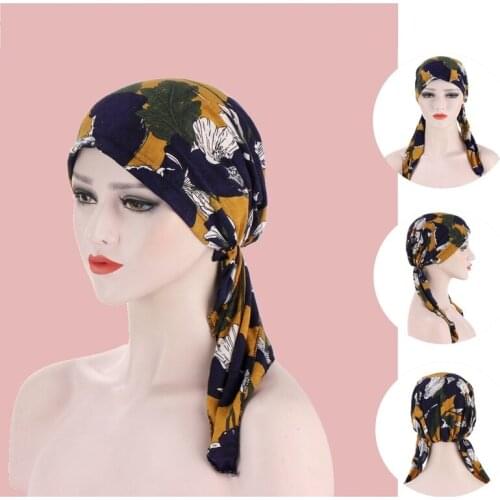 Fashion Moslem Women Hijabs Printed Long Tail Hat Floral Print Turban For Lady Charming Turbano Chemotherapy Cap - 6 Colors