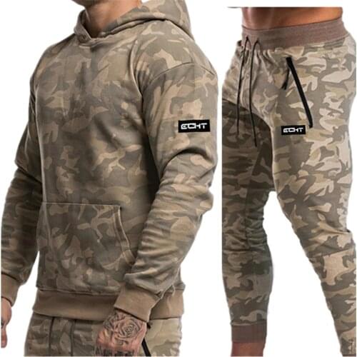 FashionNew Mens Sets Autumn Winter Running Sport Suits Camouflage Hoodies+Pants Sportswear Sets Men Gyms Fitness Tracksuit Male