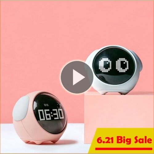 2021 New Cute Expression Alarm Clock Multifunctional Bedside Voice Control Night Light Snooze Chargeable Child Alarm Clock